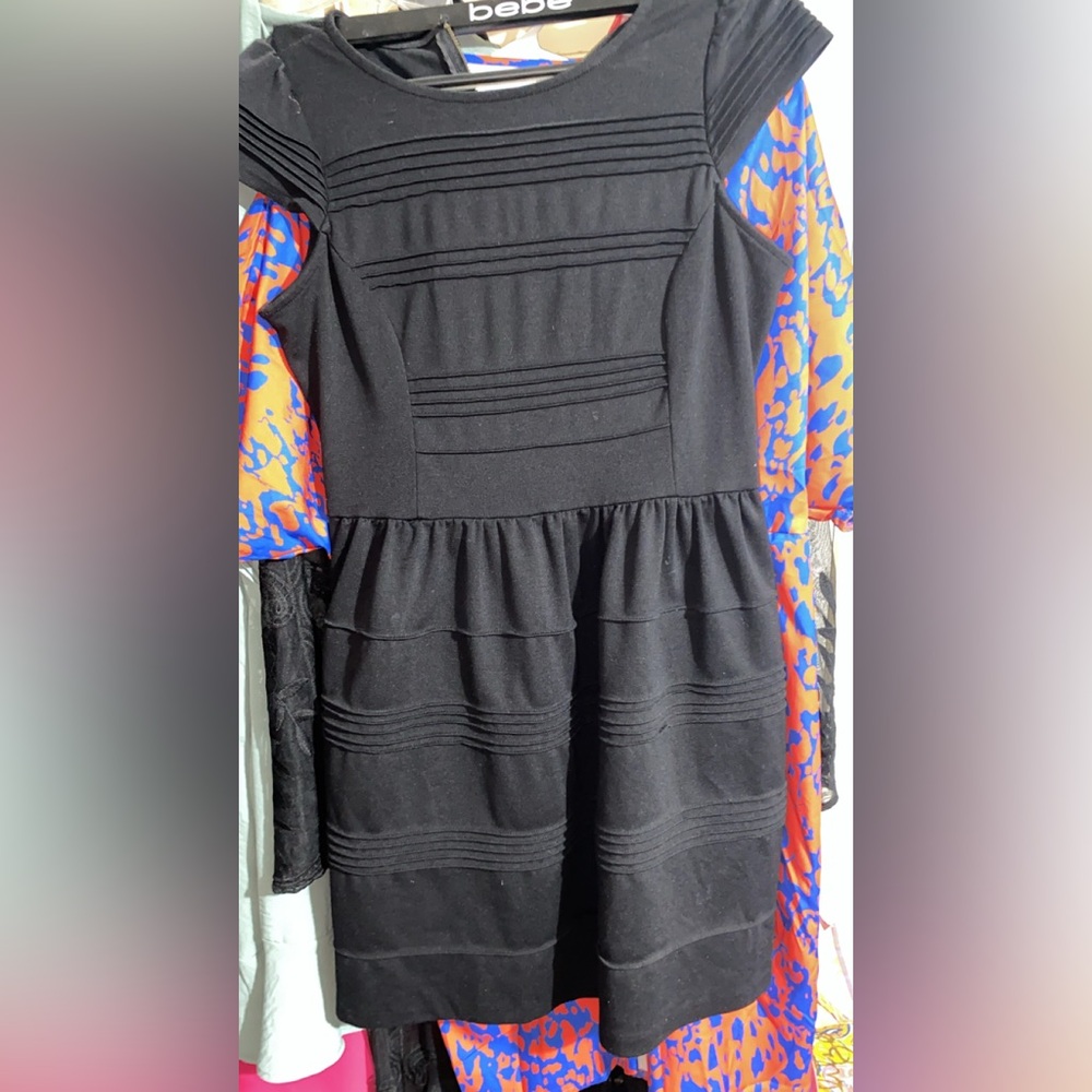 Elle Black Ribbed Sheath Dress with Bishop Sleeves